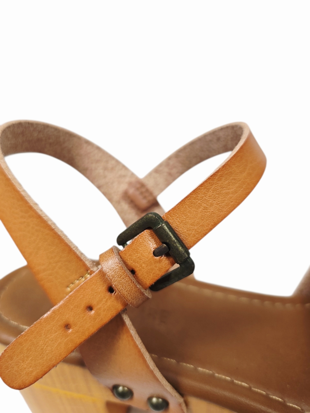 Women's Tan Woodgrain Look Laser-Cut Block Heel Sandals with Ankle Strap - Picture 7 of 16